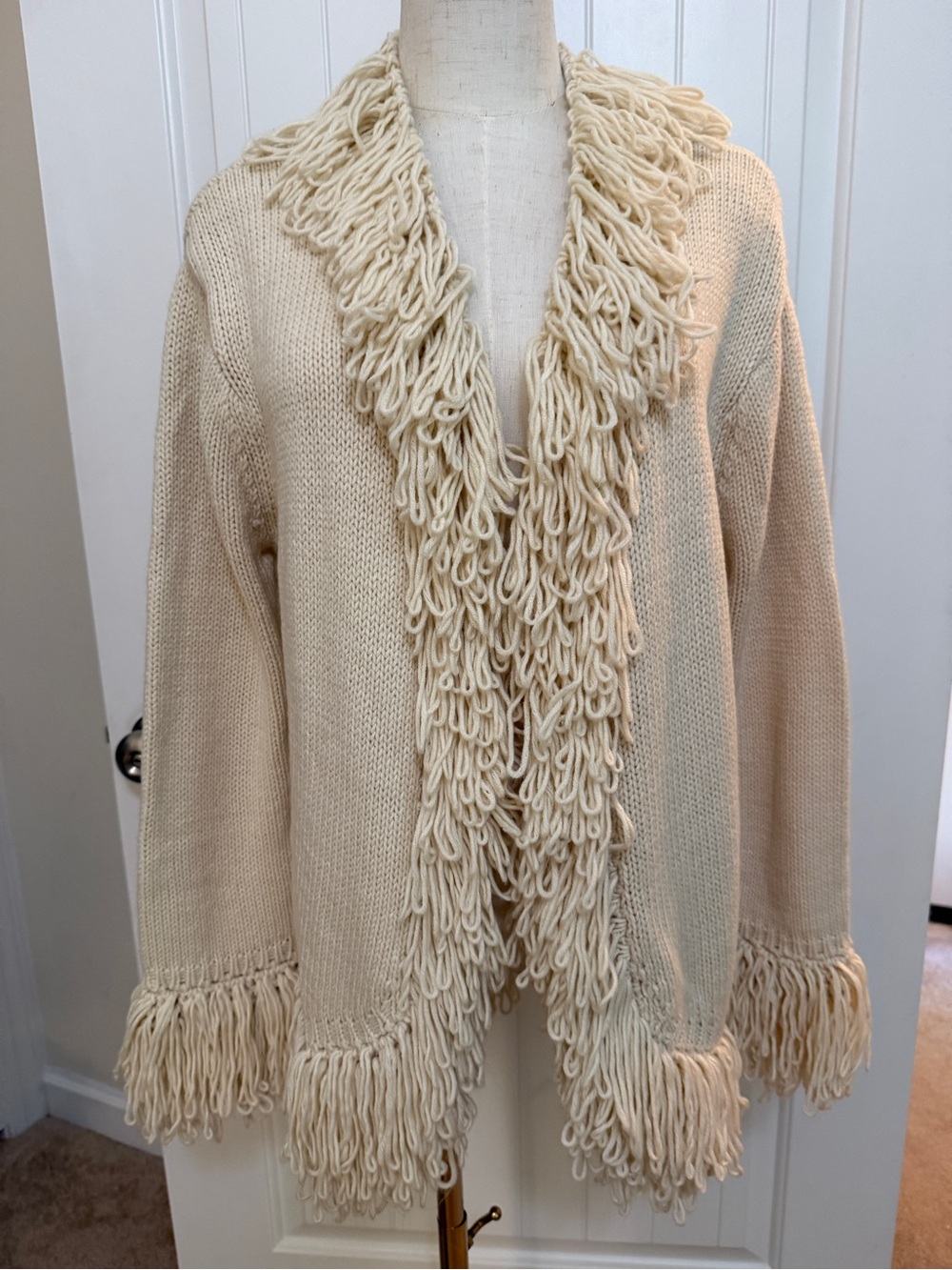 ANTHROPOLOGIE Sunday in Brooklyn Ivory Fringed Textured Cardigan One Size
